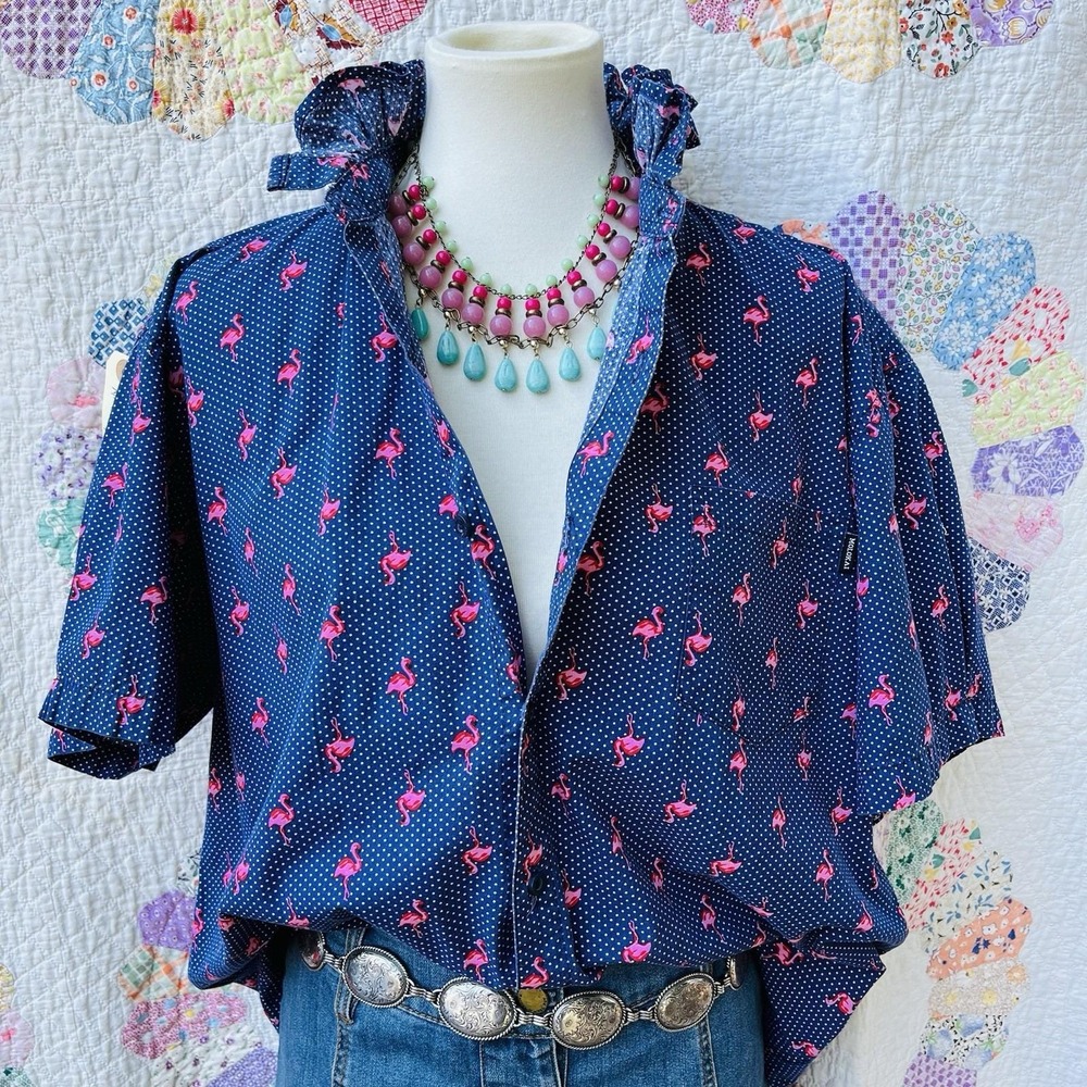 Royal Blue Polka Dot Hawaiian Aloha Flamingo Short Sleeve Upcycled Camp Shirt XL